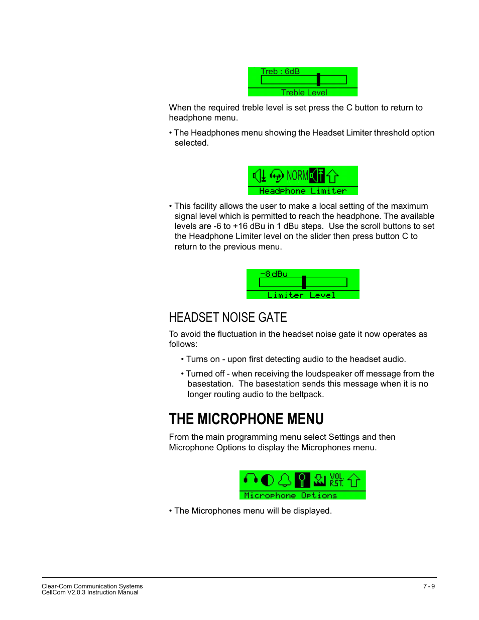 Headset noise gate, The microphone menu, Headset noise gate -9 | The microphone menu -9 | Clear-Com CellCom Battery Pack Charger User Manual | Page 125 / 217