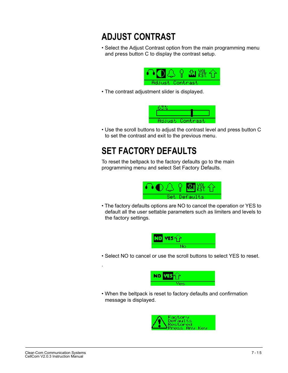 Adjust contrast, Set factory defaults, Adjust contrast -15 set factory defaults -15 | Clear-Com CellCom Battery Pack Charger User Manual | Page 131 / 217