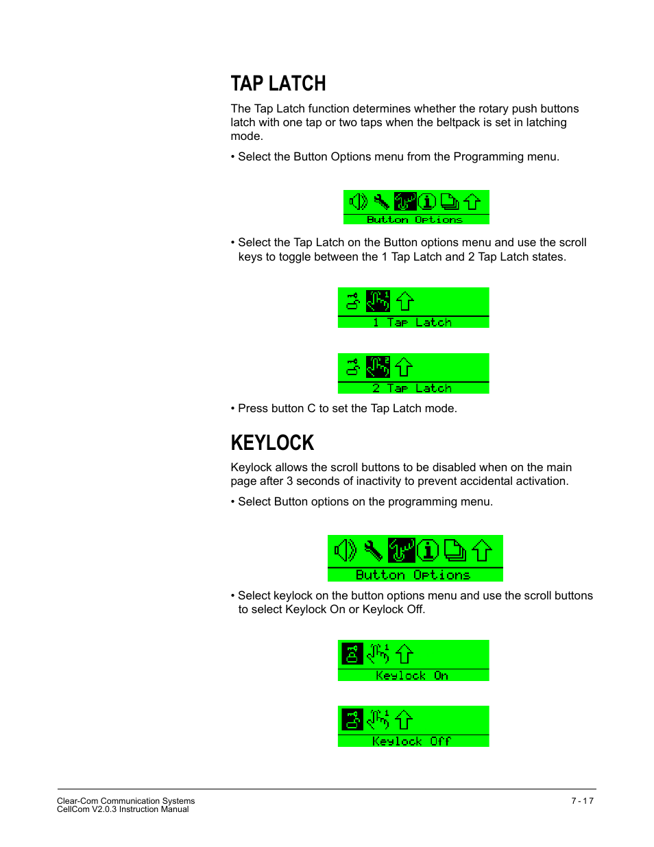 Tap latch, Keylock, Tap latch -17 keylock -17 | Clear-Com CellCom Battery Pack Charger User Manual | Page 133 / 217