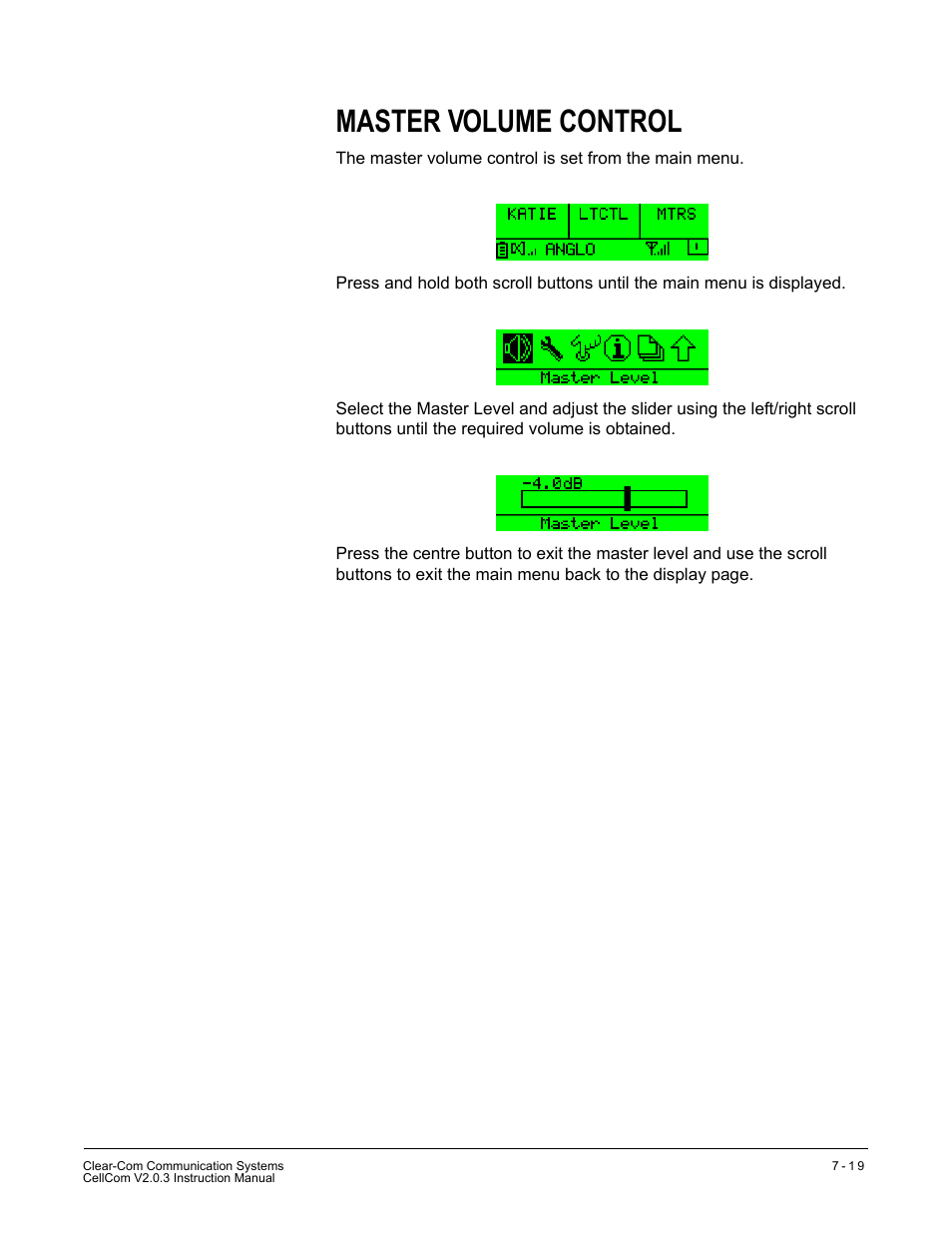 Master volume control, Master volume control -19 | Clear-Com CellCom Battery Pack Charger User Manual | Page 135 / 217