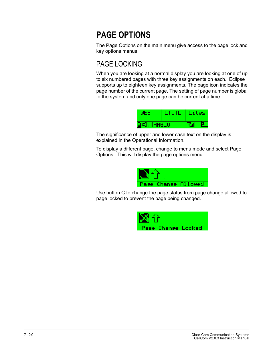 Page options, Page locking | Clear-Com CellCom Battery Pack Charger User Manual | Page 136 / 217