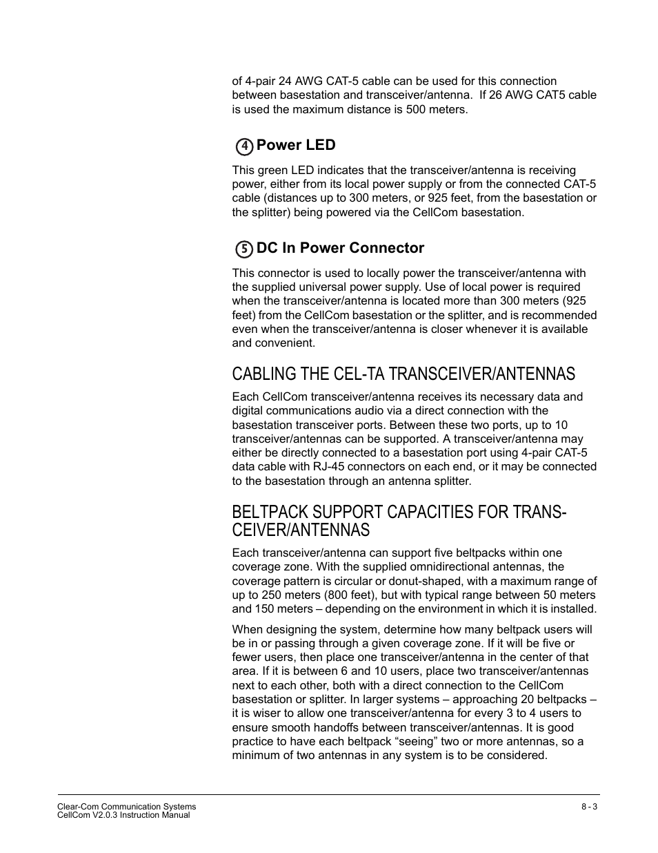 Power led, Dc in power connector, Cabling the cel-ta transceiver/antennas | Power led -3 dc in power connector -3 | Clear-Com CellCom Battery Pack Charger User Manual | Page 139 / 217