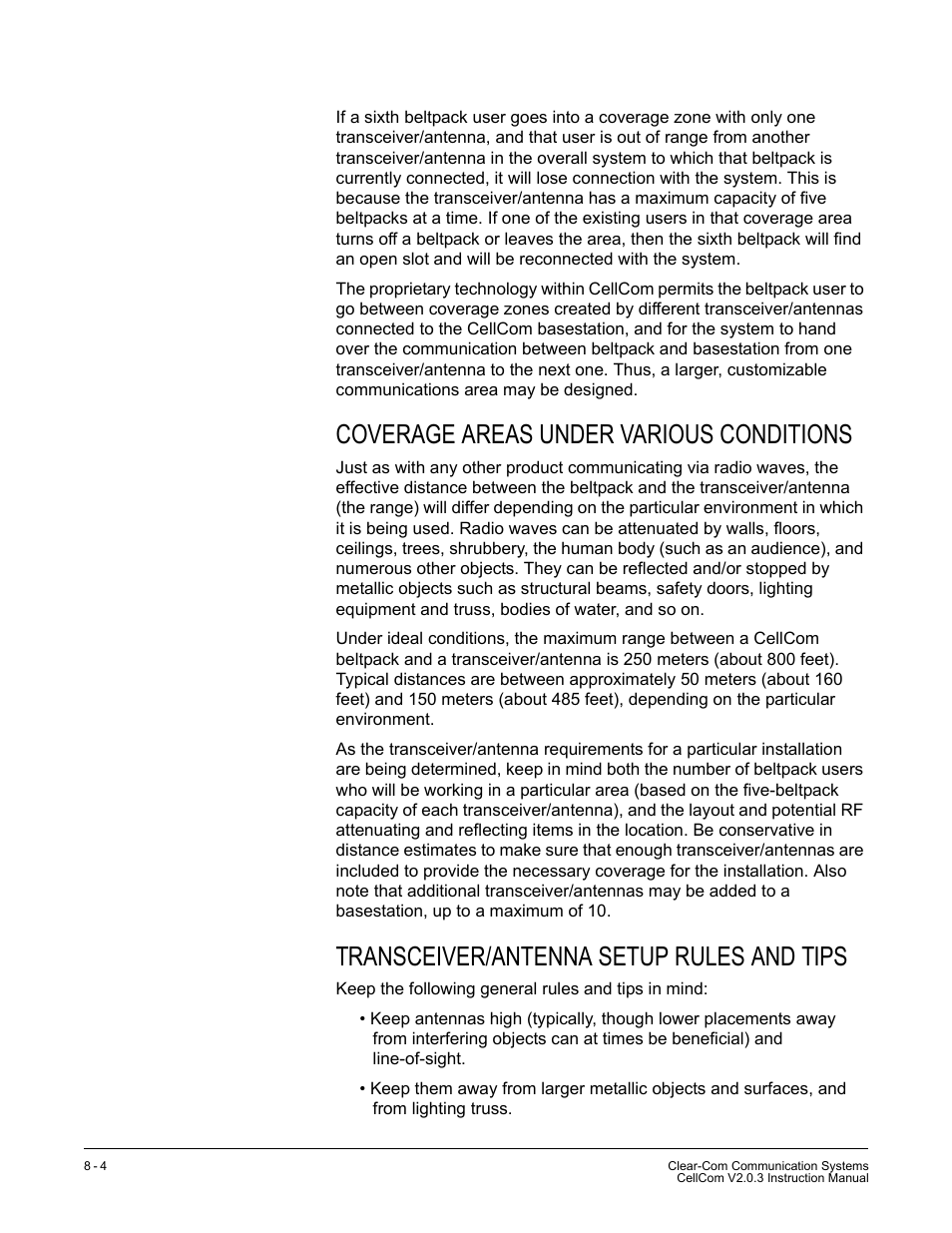 Coverage areas under various conditions, Transceiver/antenna setup rules and tips | Clear-Com CellCom Battery Pack Charger User Manual | Page 140 / 217