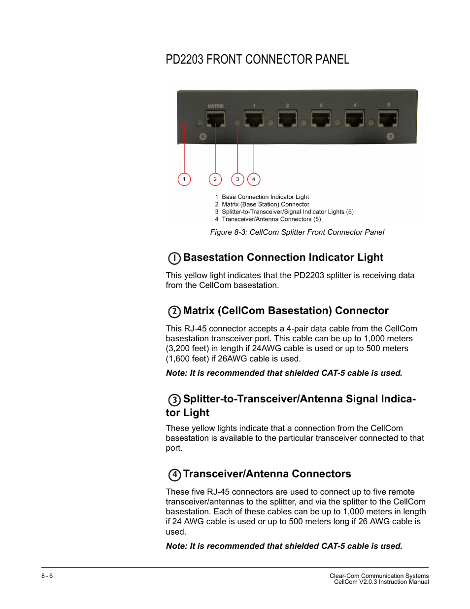 Pd2203 front connector panel, Basestation connection indicator light, Matrix (cellcom basestation) connector | Transceiver/antenna connectors, Pd2203 front connector panel -6 | Clear-Com CellCom Battery Pack Charger User Manual | Page 142 / 217