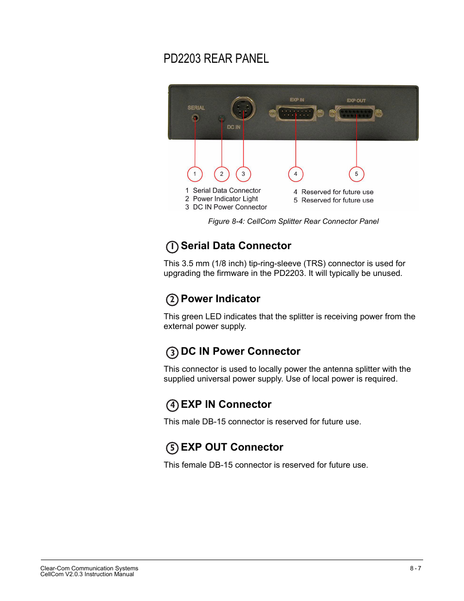 Pd2203 rear panel, Serial data connector, Power indicator | Dc in power connector, Exp in connector, Exp out connector, Pd2203 rear panel -7 | Clear-Com CellCom Battery Pack Charger User Manual | Page 143 / 217