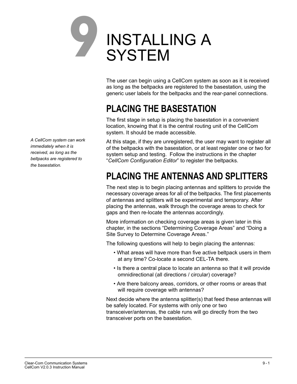 Installing a system, Placing the basestation, Placing the antennas and splitters | Installing a system -1 | Clear-Com CellCom Battery Pack Charger User Manual | Page 145 / 217