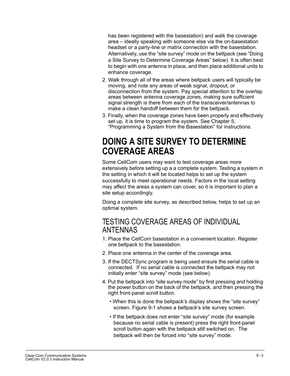 Doing a site survey to determine coverage areas, Testing coverage areas of individual antennas, Doing a site survey to determine coverage areas -3 | Testing coverage areas of individual antennas -3 | Clear-Com CellCom Battery Pack Charger User Manual | Page 147 / 217