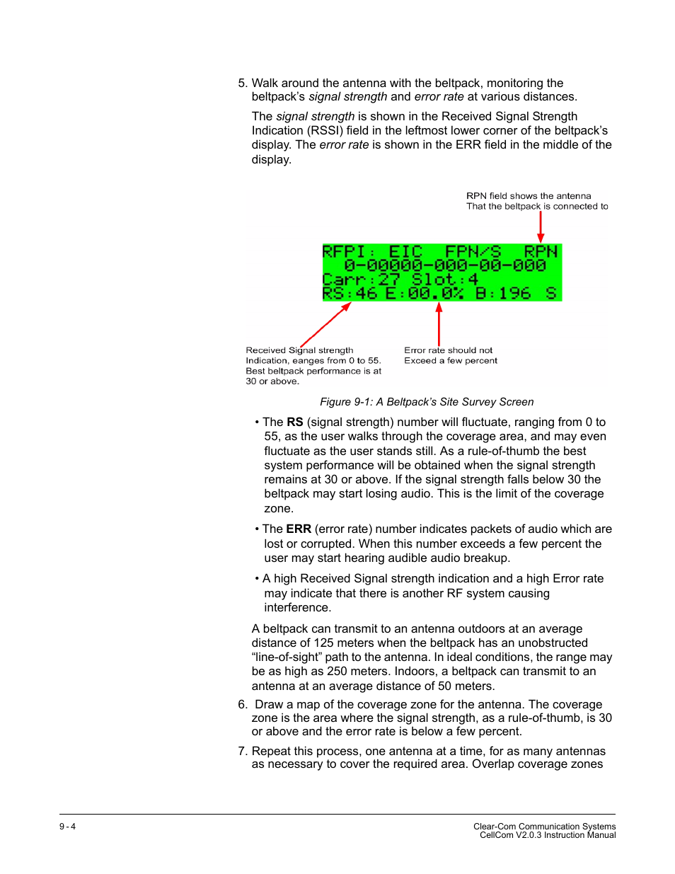 Figure 9-1 a beltpack’s site survey screen -4 | Clear-Com CellCom Battery Pack Charger User Manual | Page 148 / 217