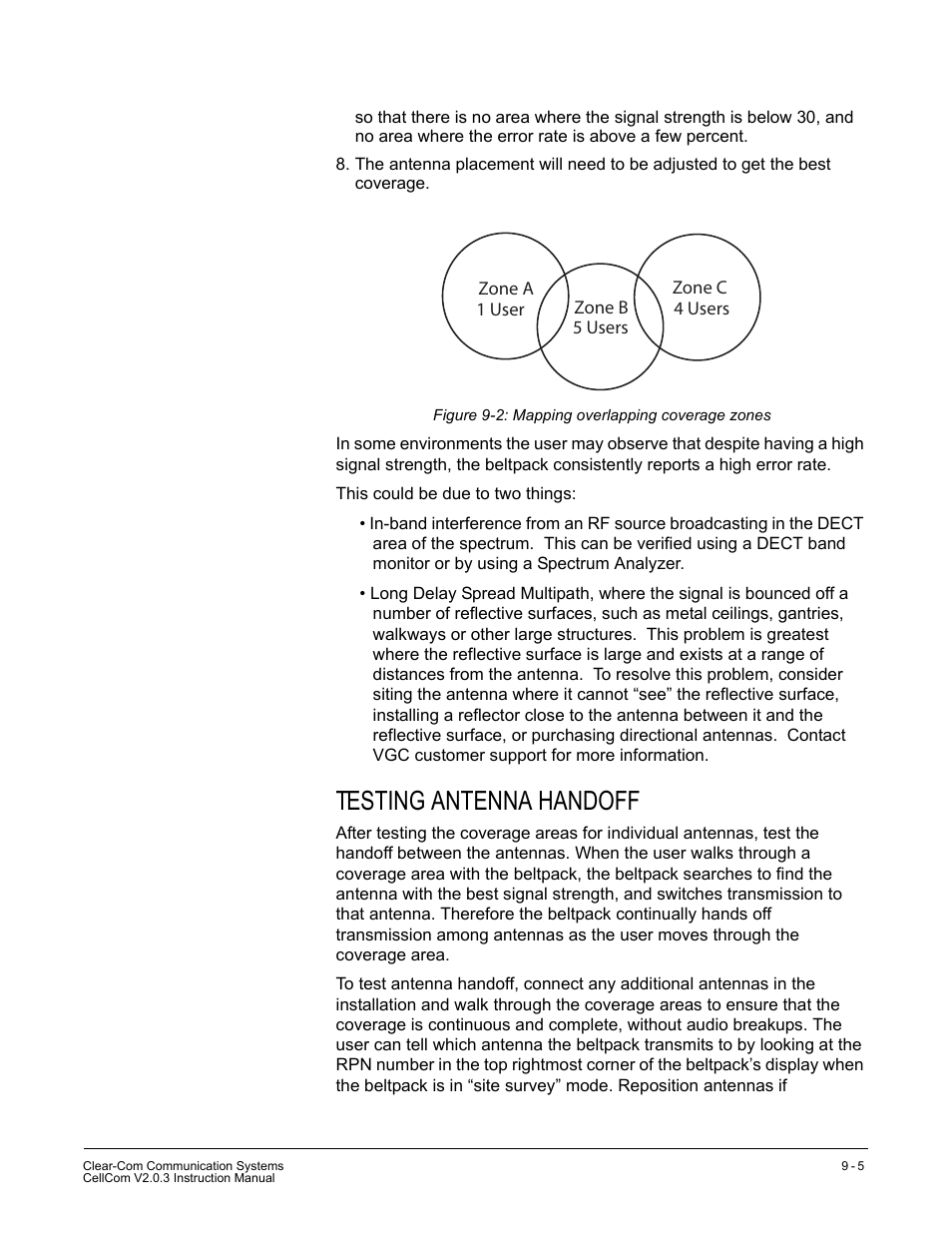 Testing antenna handoff, Testing antenna handoff -5, Figure 9-2 mapping overlapping coverage zones -5 | Clear-Com CellCom Battery Pack Charger User Manual | Page 149 / 217