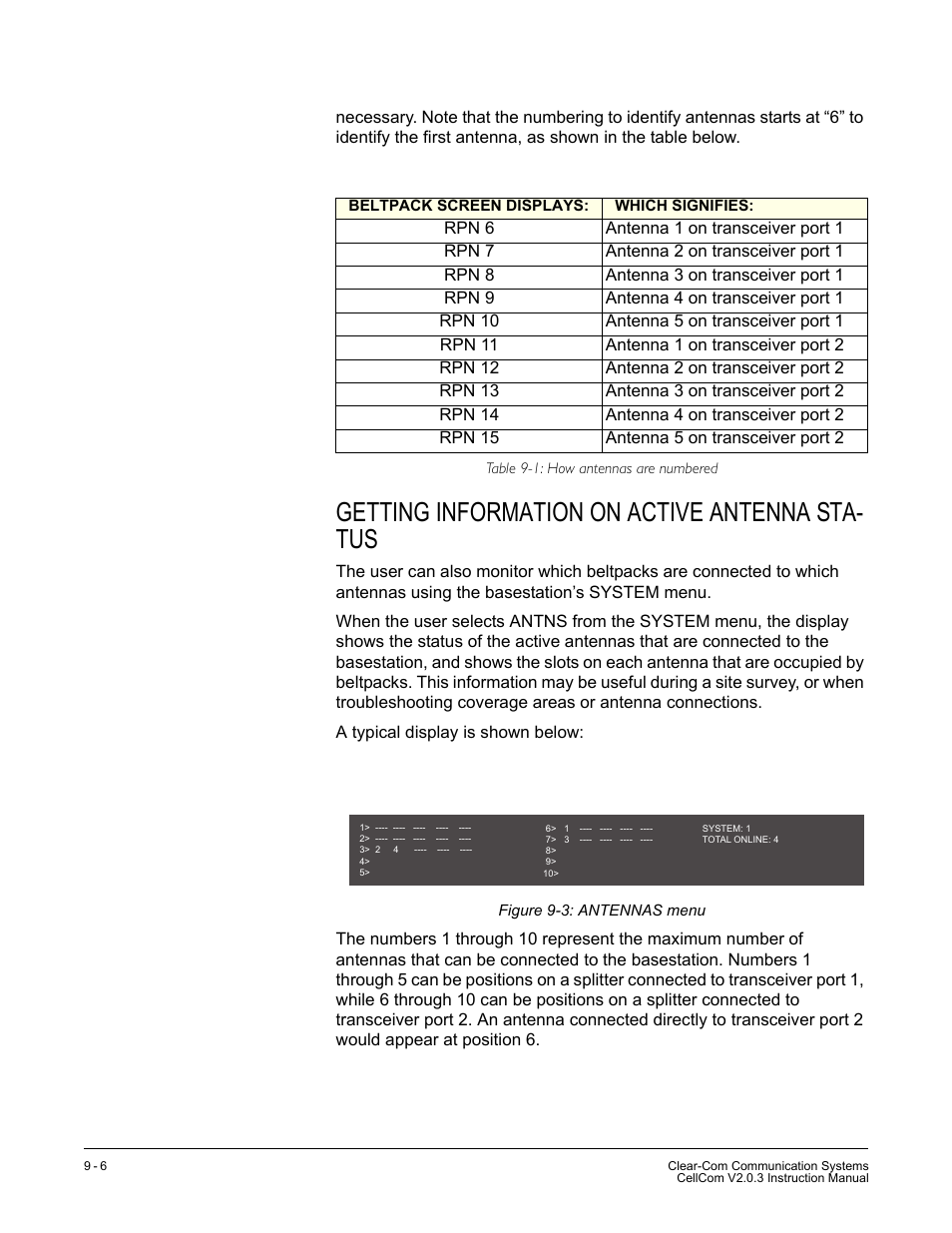 Getting information on active antenna status, Getting information on active antenna status -6, Figure 9-3 antennas menu -6 | Table 9-1 how antennas are numbered -6, Getting information on active antenna sta- tus | Clear-Com CellCom Battery Pack Charger User Manual | Page 150 / 217