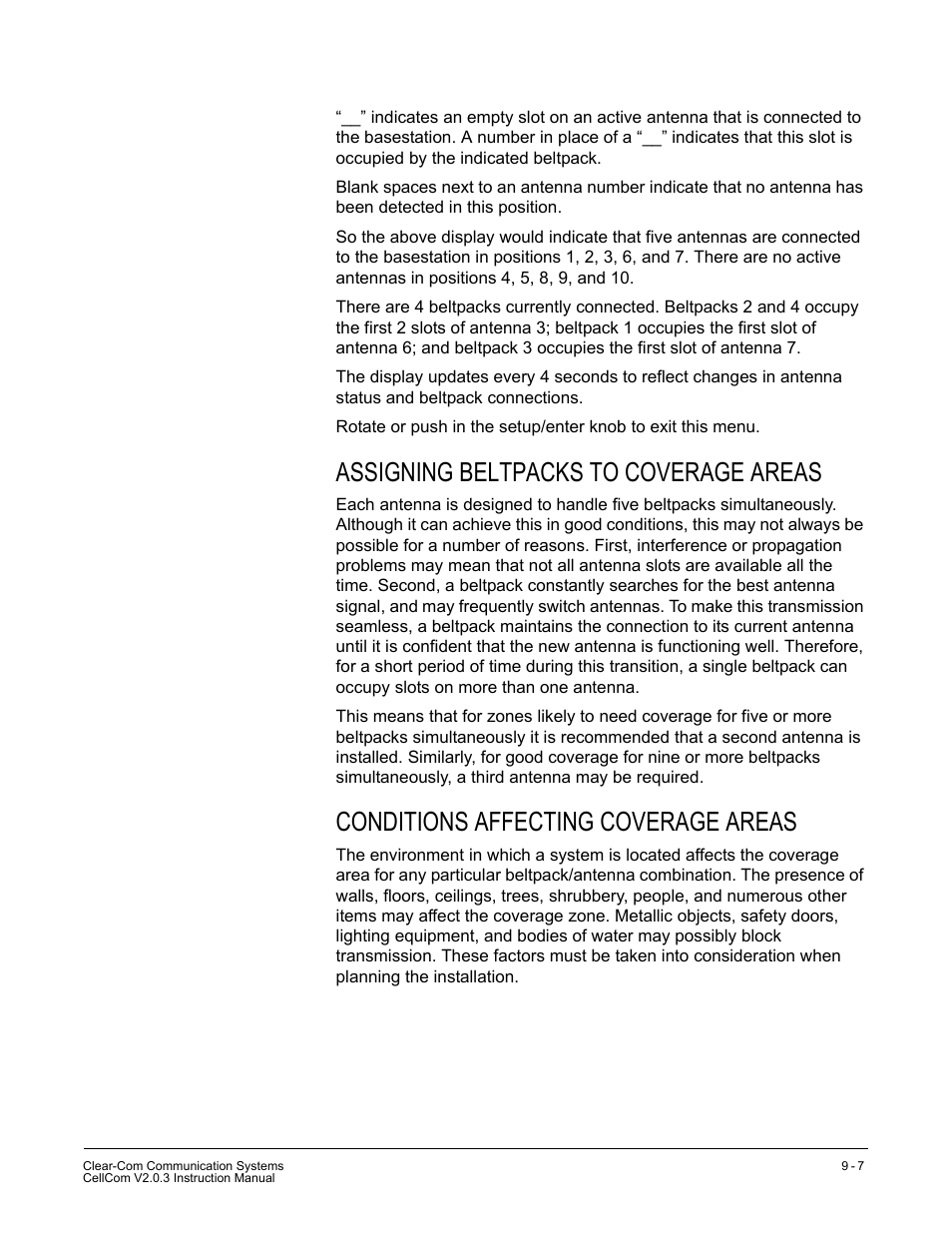 Assigning beltpacks to coverage areas, Conditions affecting coverage areas | Clear-Com CellCom Battery Pack Charger User Manual | Page 151 / 217