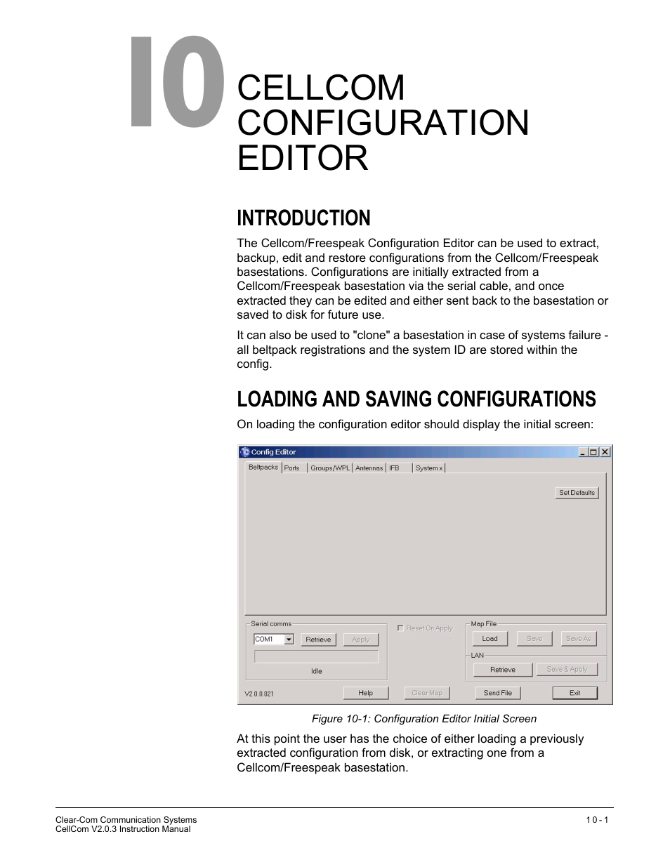 Cellcom configuration editor, Introduction, Loading and saving configurations | Cellcom configuration editor -1, Figure 10-1 configuration editor initial screen -1 | Clear-Com CellCom Battery Pack Charger User Manual | Page 153 / 217