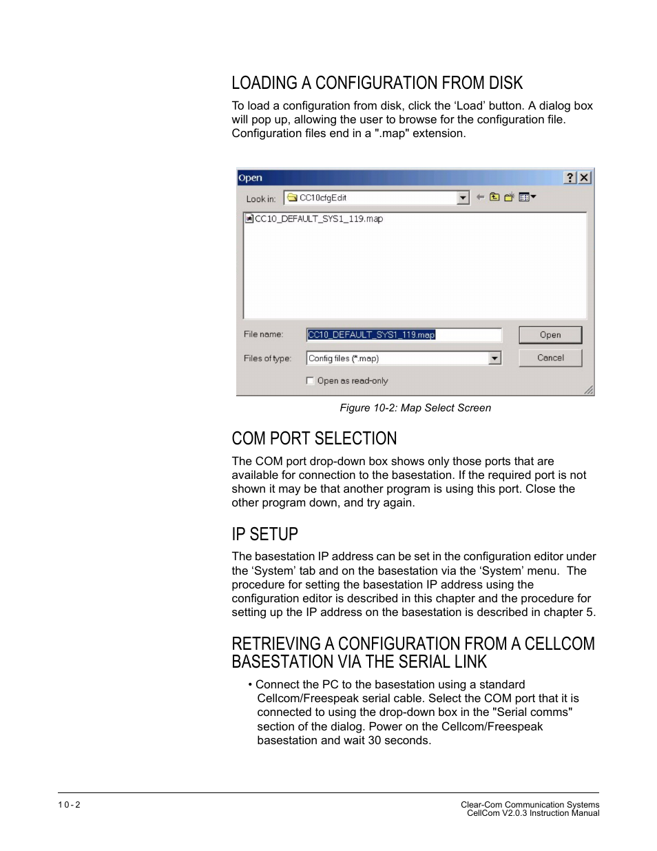 Loading a configuration from disk, Com port selection, Ip setup | Link -2, Figure 10-2 map select screen -2 | Clear-Com CellCom Battery Pack Charger User Manual | Page 154 / 217