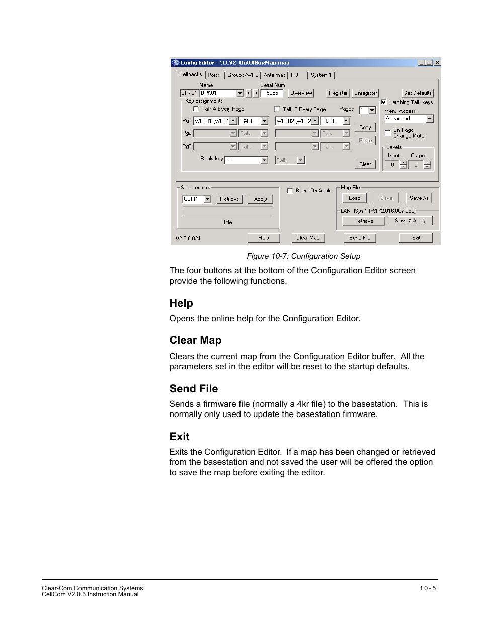 Help, Clear map, Send file | Exit, Help -5 clear map -5 send file -5 exit -5, Figure 10-7 configuration setup -5 | Clear-Com CellCom Battery Pack Charger User Manual | Page 157 / 217