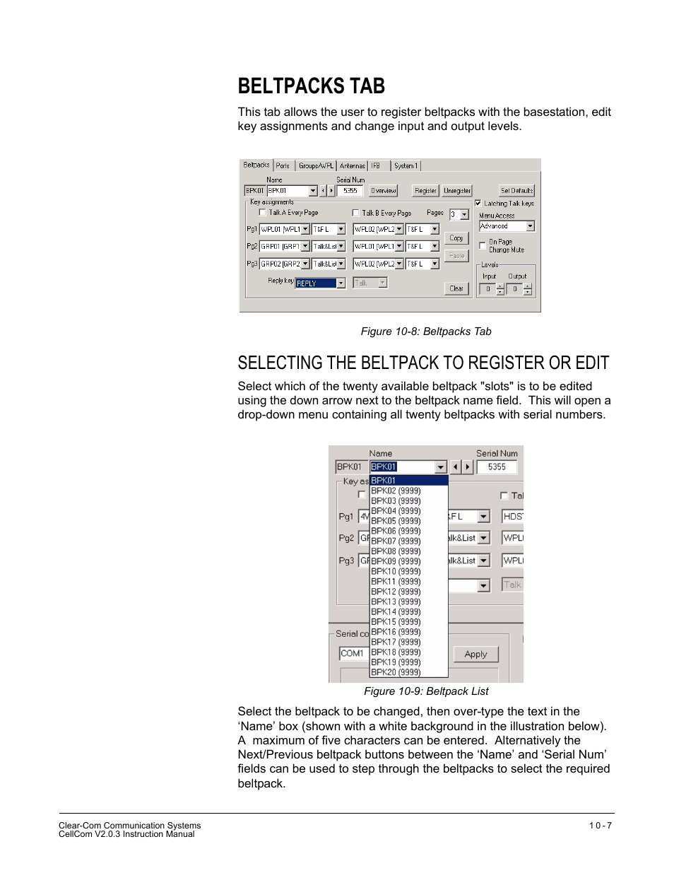 Beltpacks tab, Selecting the beltpack to register or edit, Beltpacks tab -7 | Selecting the beltpack to register or edit -7 | Clear-Com CellCom Battery Pack Charger User Manual | Page 159 / 217