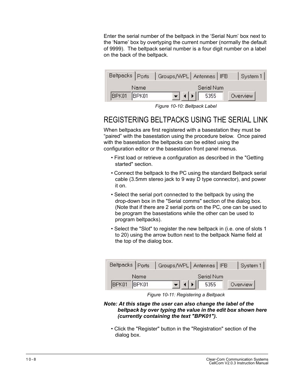 Registering beltpacks using the serial link, Registering beltpacks using the serial link -8 | Clear-Com CellCom Battery Pack Charger User Manual | Page 160 / 217