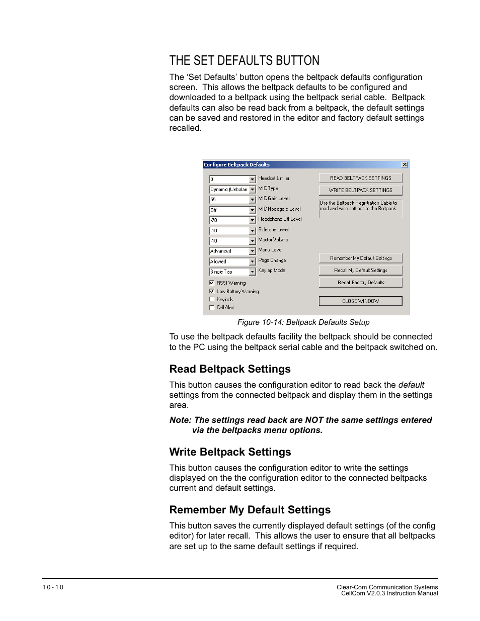 The set defaults button, Read beltpack settings, Write beltpack settings | Remember my default settings, The set defaults button -10, Read beltpack settings -10, Remember my default settings -10, Figure 10-14 beltpack defaults setup -10 | Clear-Com CellCom Battery Pack Charger User Manual | Page 162 / 217