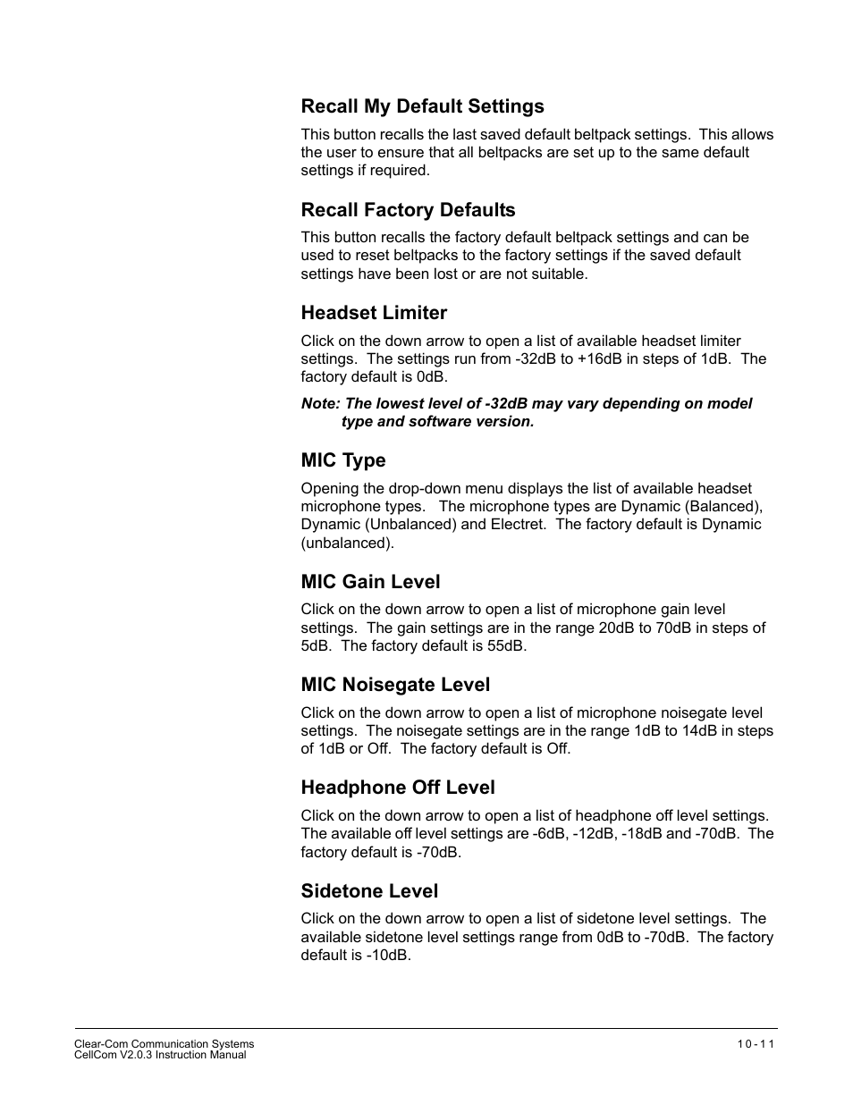 Recall my default settings, Recall factory defaults, Headset limiter | Mic type, Mic gain level, Mic noisegate level, Headphone off level, Sidetone level | Clear-Com CellCom Battery Pack Charger User Manual | Page 163 / 217