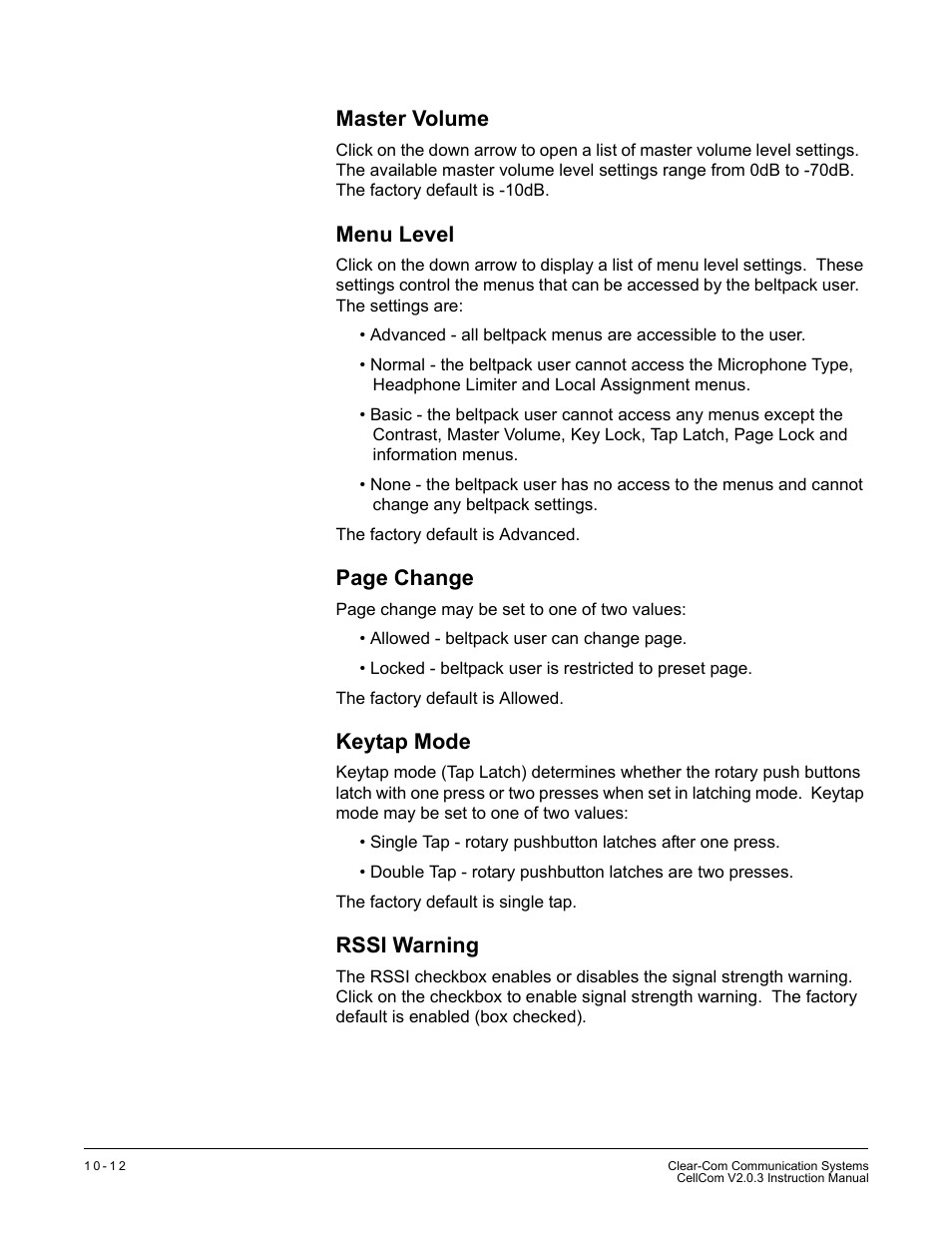 Master volume, Menu level, Keytap mode | Rssi warning, Page change | Clear-Com CellCom Battery Pack Charger User Manual | Page 164 / 217