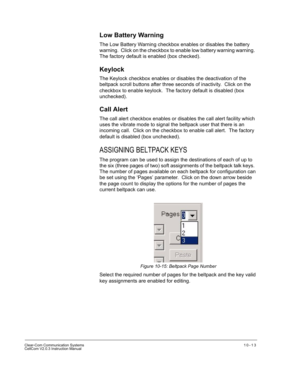 Low battery warning, Keylock, Call alert | Assigning beltpack keys, Low battery warning -13 keylock -13 call alert -13, Assigning beltpack keys -13 | Clear-Com CellCom Battery Pack Charger User Manual | Page 165 / 217