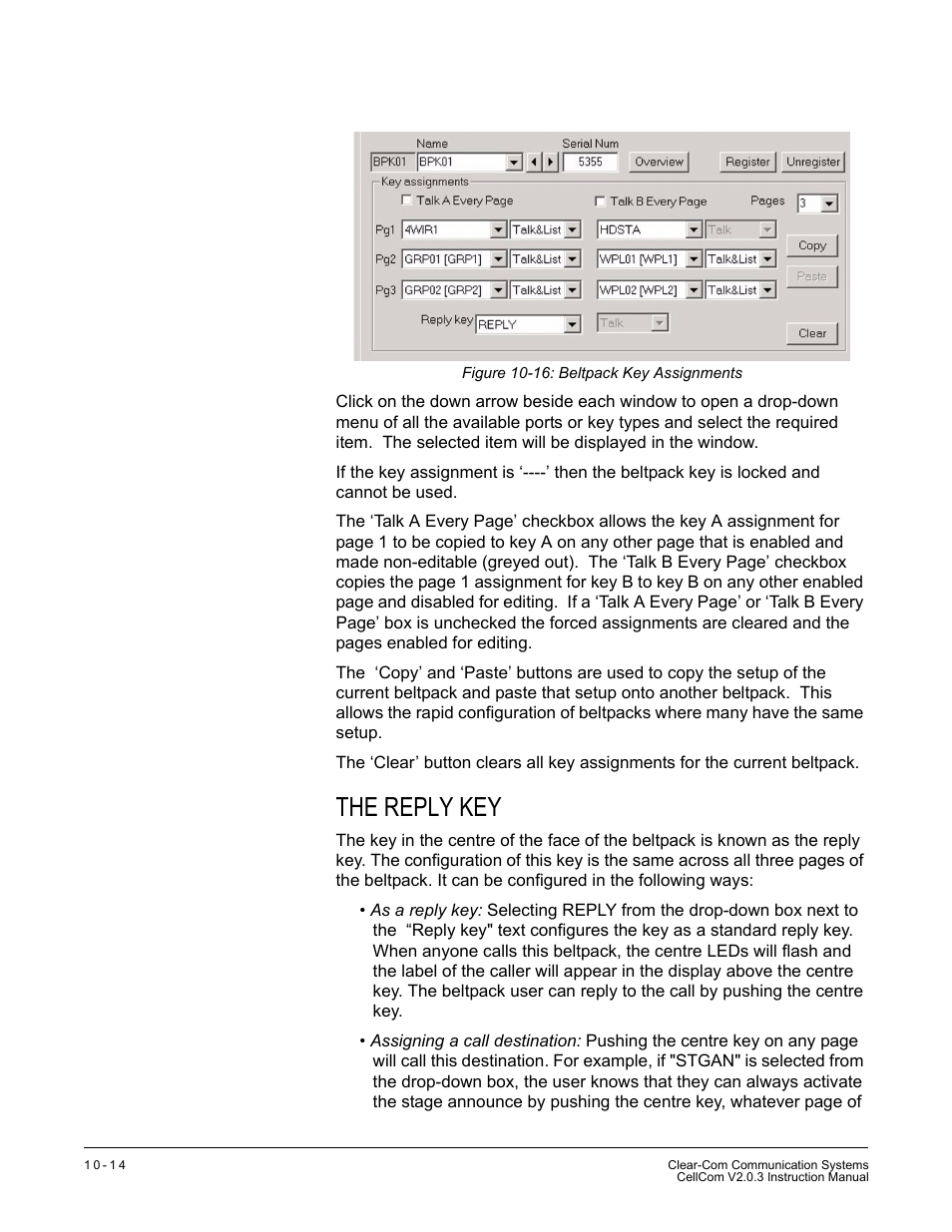 The reply key, The reply key -14, Figure 10-16 beltpack key assignments -14 | Clear-Com CellCom Battery Pack Charger User Manual | Page 166 / 217