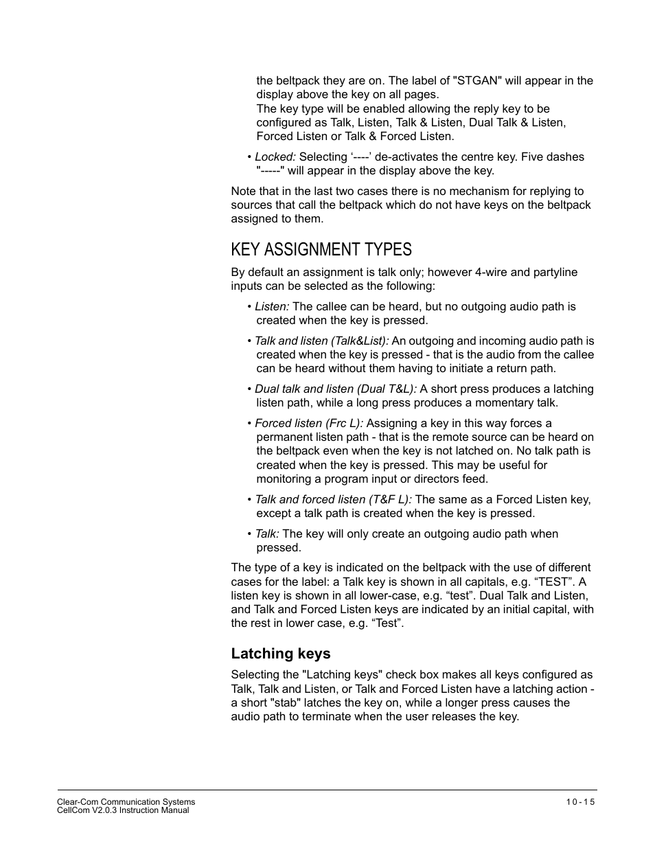 Key assignment types, Latching keys, Key assignment types -15 | Latching keys -15 | Clear-Com CellCom Battery Pack Charger User Manual | Page 167 / 217