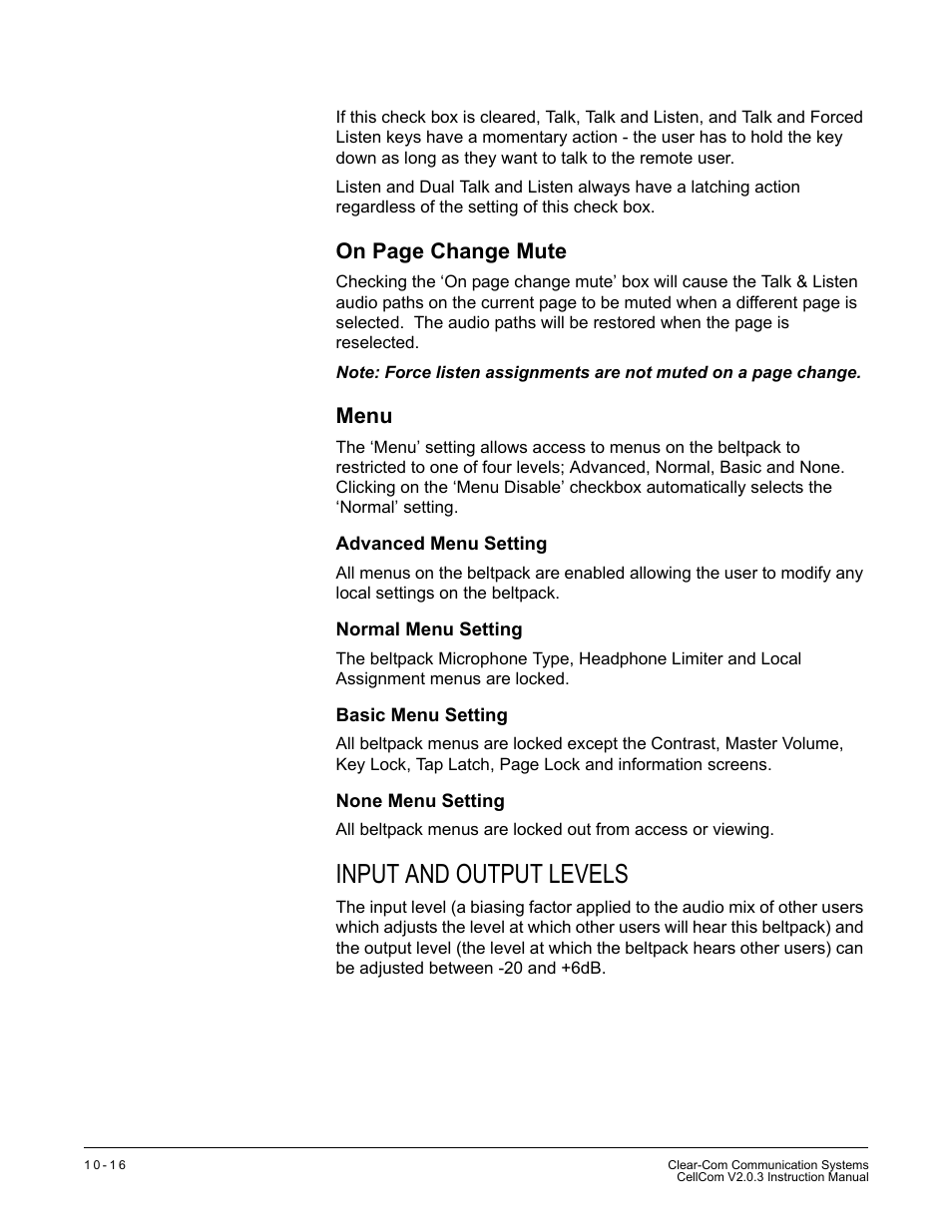 Menu, Advanced menu setting, Normal menu setting | Basic menu setting, None menu setting, Input and output levels, Input and output levels -16, On page change mute | Clear-Com CellCom Battery Pack Charger User Manual | Page 168 / 217