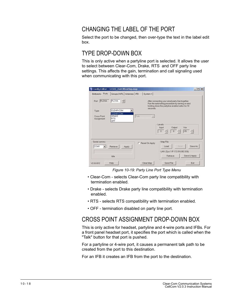 Changing the label of the port, Type drop-down box, Cross point assignment drop-down box | Figure 10-19 party line port type menu -18 | Clear-Com CellCom Battery Pack Charger User Manual | Page 170 / 217