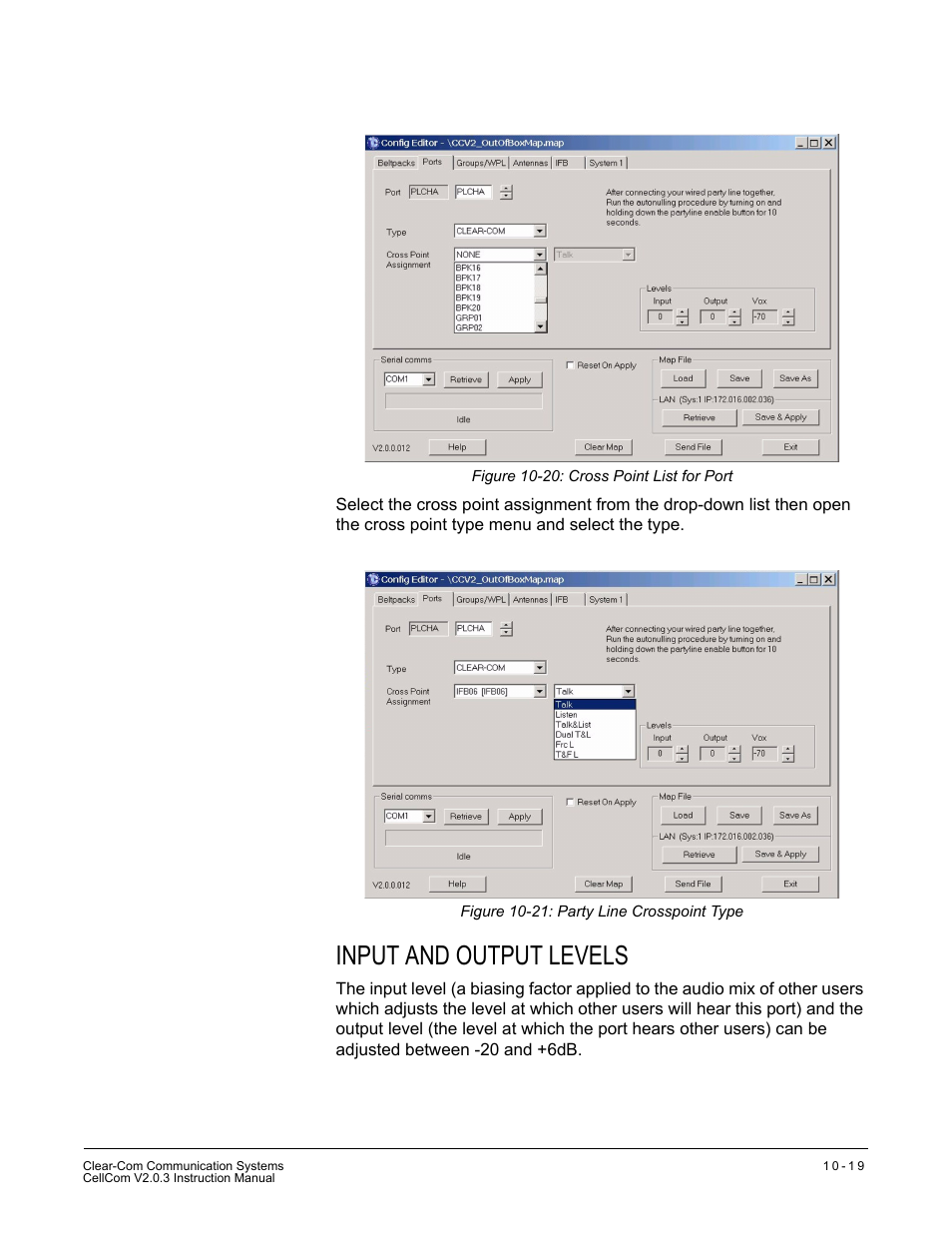 Input and output levels, Input and output levels -19 | Clear-Com CellCom Battery Pack Charger User Manual | Page 171 / 217