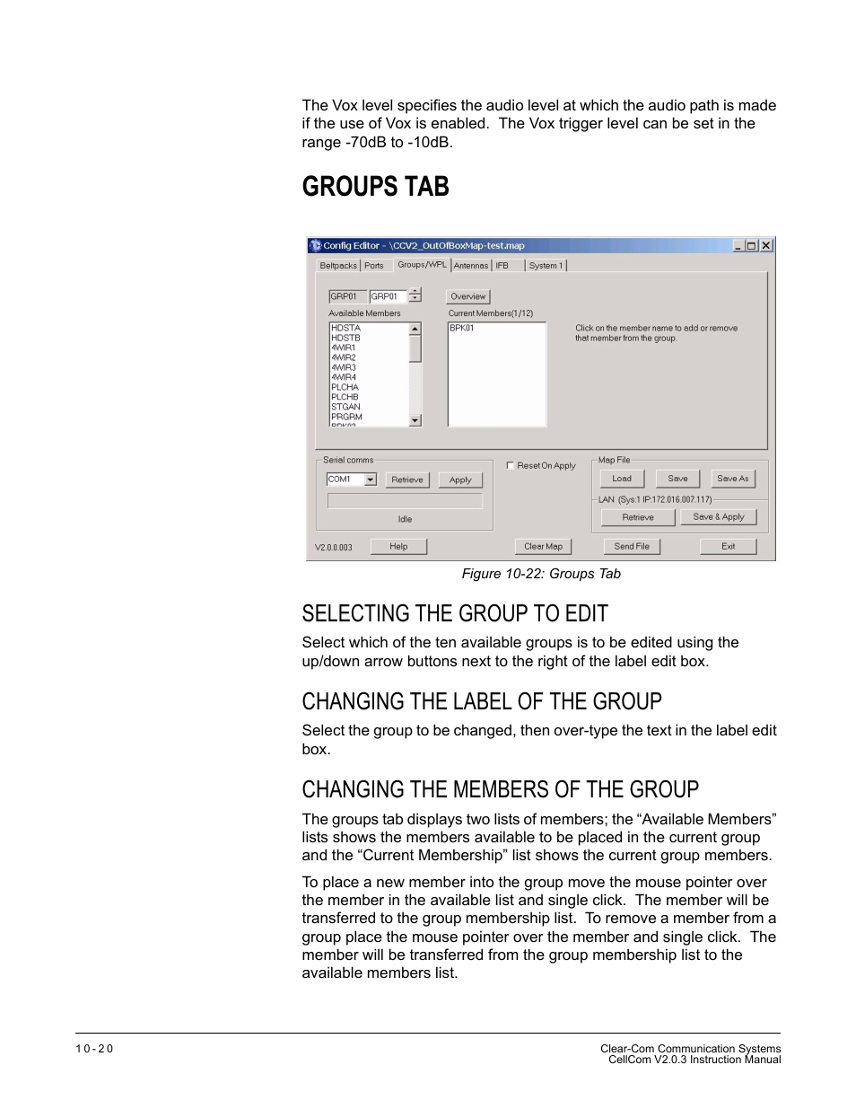 Groups tab, Selecting the group to edit, Changing the label of the group | Changing the members of the group, Groups tab -20, Figure 10-22 groups tab -20 | Clear-Com CellCom Battery Pack Charger User Manual | Page 172 / 217