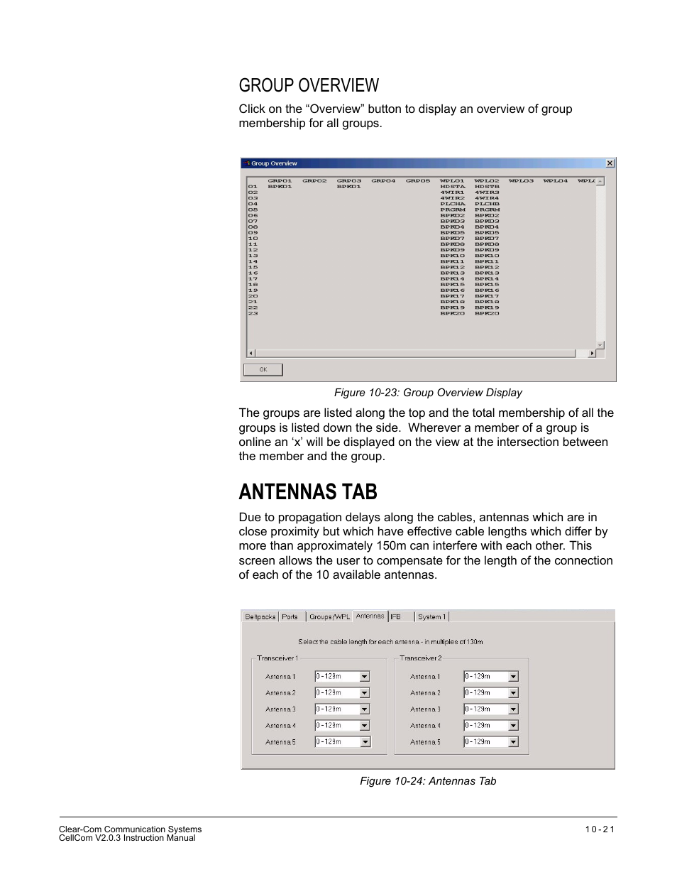 Group overview, Antennas tab, Group overview -21 | Antennas tab -21 | Clear-Com CellCom Battery Pack Charger User Manual | Page 173 / 217