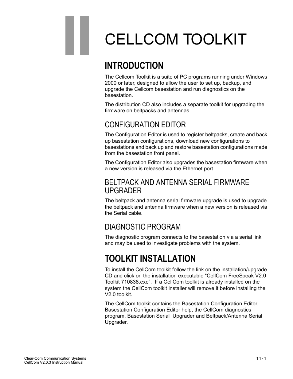 Cellcom toolkit, Introduction, Configuration editor | Beltpack and antenna serial firmware upgrader, Diagnostic program, Toolkit installation, Cellcom toolkit -1, Introduction -1, Configuration editor -1, Toolkit installation -1 | Clear-Com CellCom Battery Pack Charger User Manual | Page 181 / 217