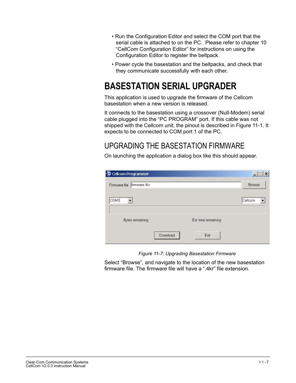 Basestation serial upgrader, Upgrading the basestation firmware, Basestation serial upgrader -7 | Upgrading the basestation firmware -7, Figure 11-7 upgrading basestation firmware -7 | Clear-Com CellCom Battery Pack Charger User Manual | Page 187 / 217