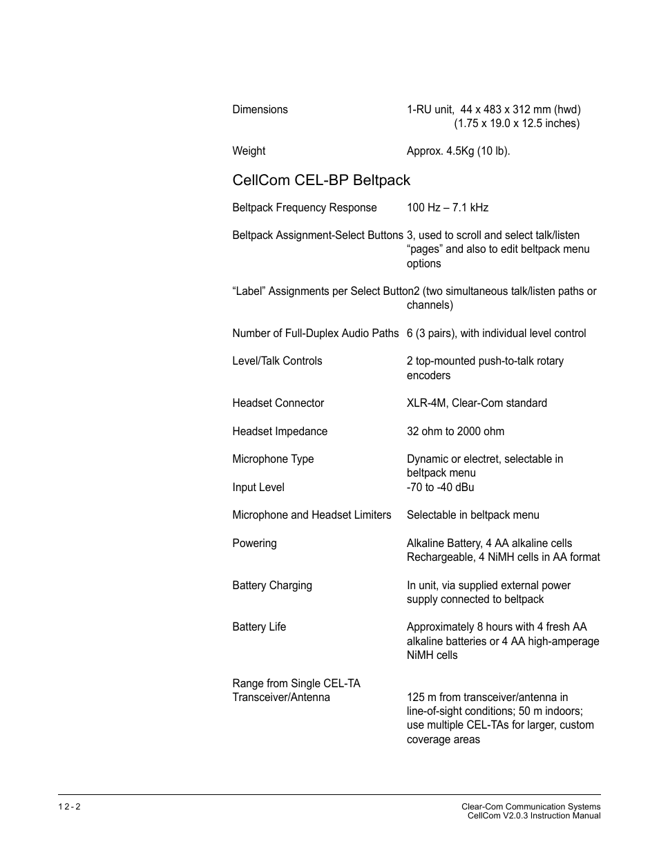 Cellcom cel-bp beltpack | Clear-Com CellCom Battery Pack Charger User Manual | Page 196 / 217