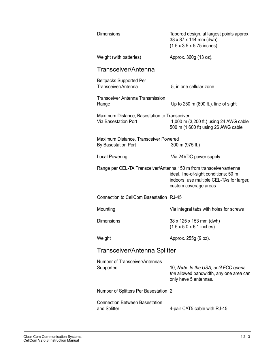 Transceiver/antenna, Transceiver/antenna splitter | Clear-Com CellCom Battery Pack Charger User Manual | Page 197 / 217