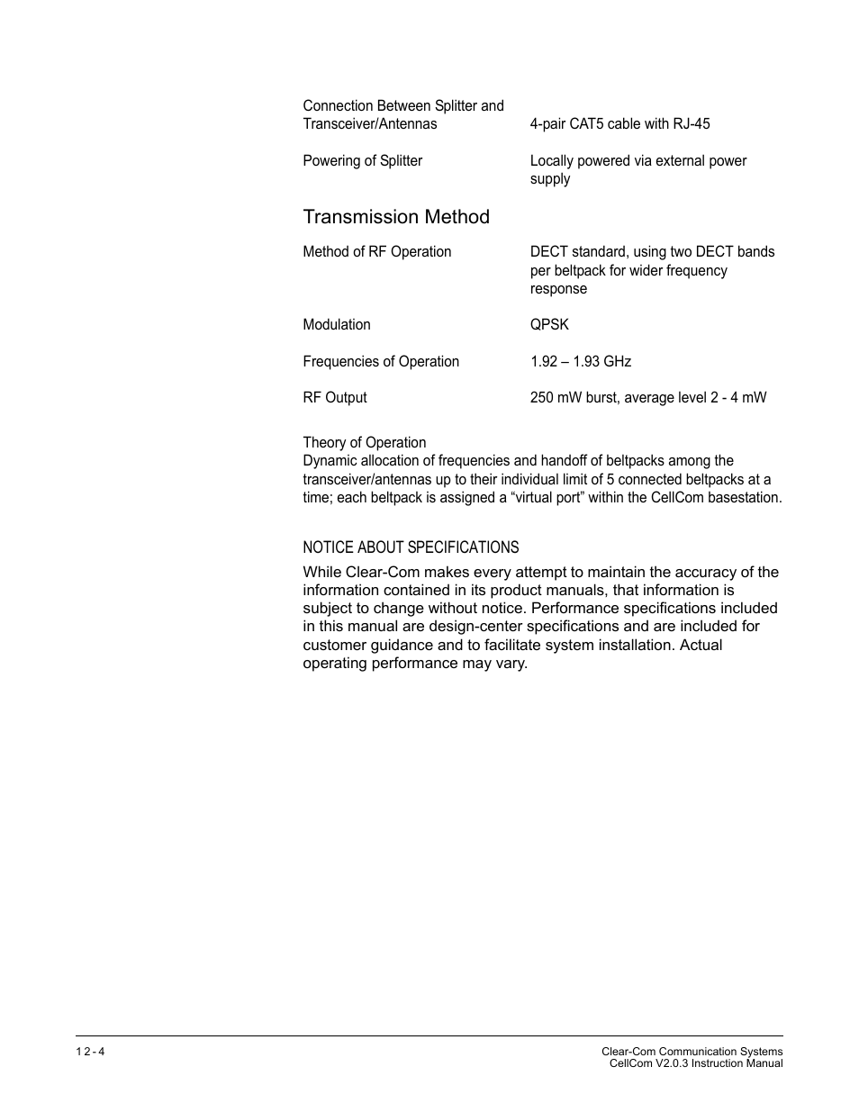 Notice about specifications, Notice about specifications -4, Transmission method | Clear-Com CellCom Battery Pack Charger User Manual | Page 198 / 217