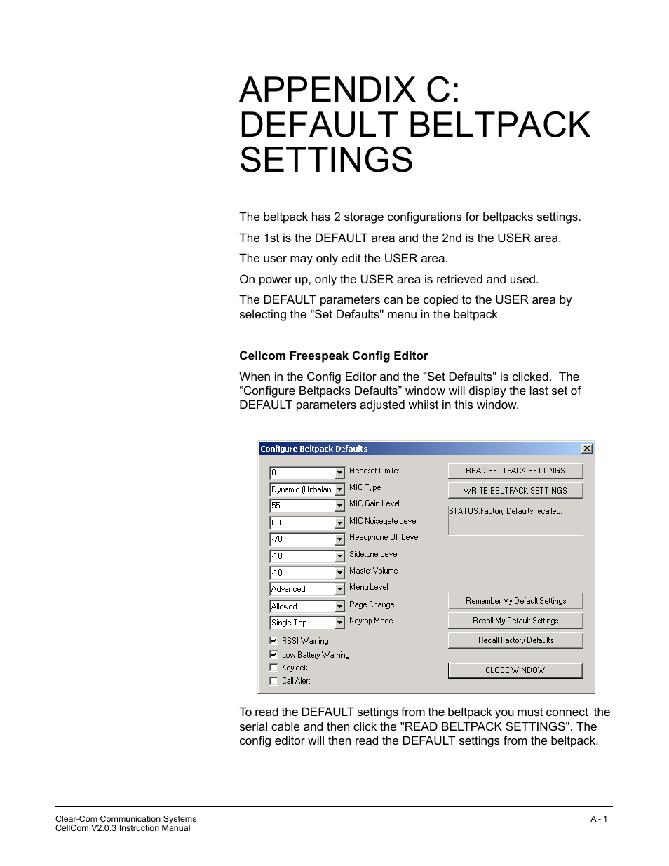 Appendix c: default beltpack settings | Clear-Com CellCom Battery Pack Charger User Manual | Page 207 / 217