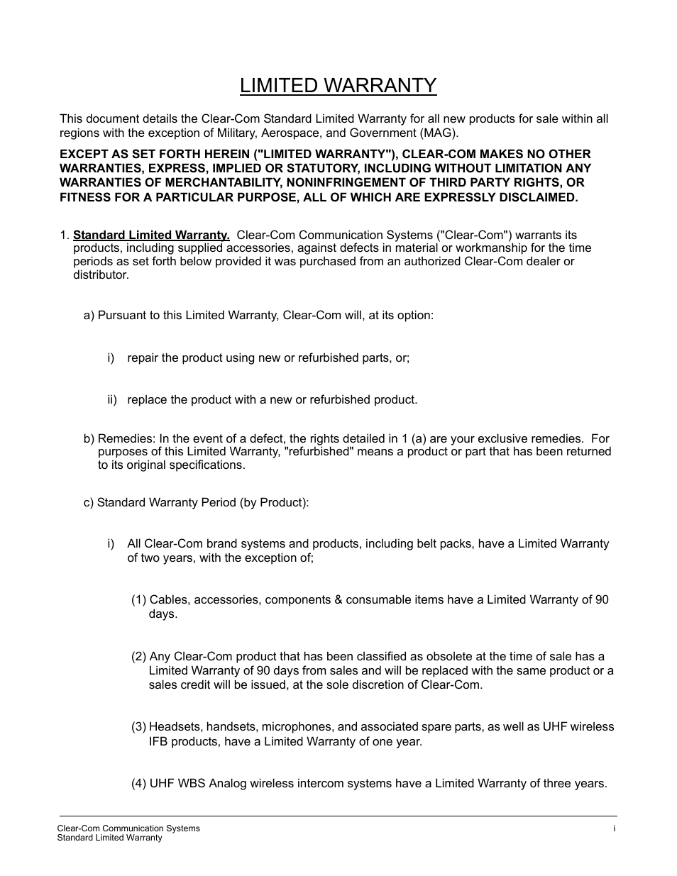 Limited warranty | Clear-Com CellCom Battery Pack Charger User Manual | Page 209 / 217