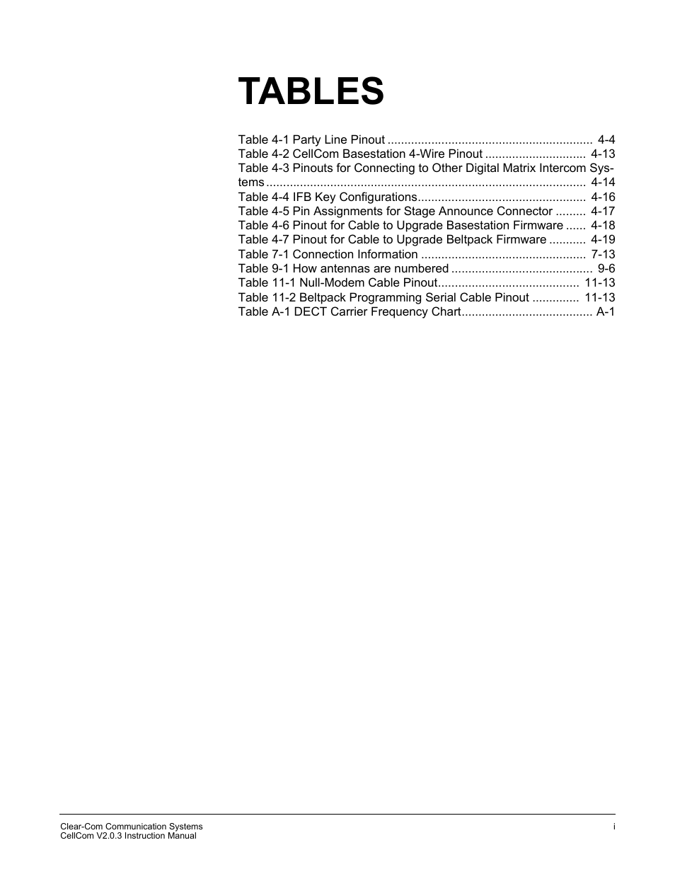 Tables | Clear-Com CellCom Battery Pack Charger User Manual | Page 21 / 217