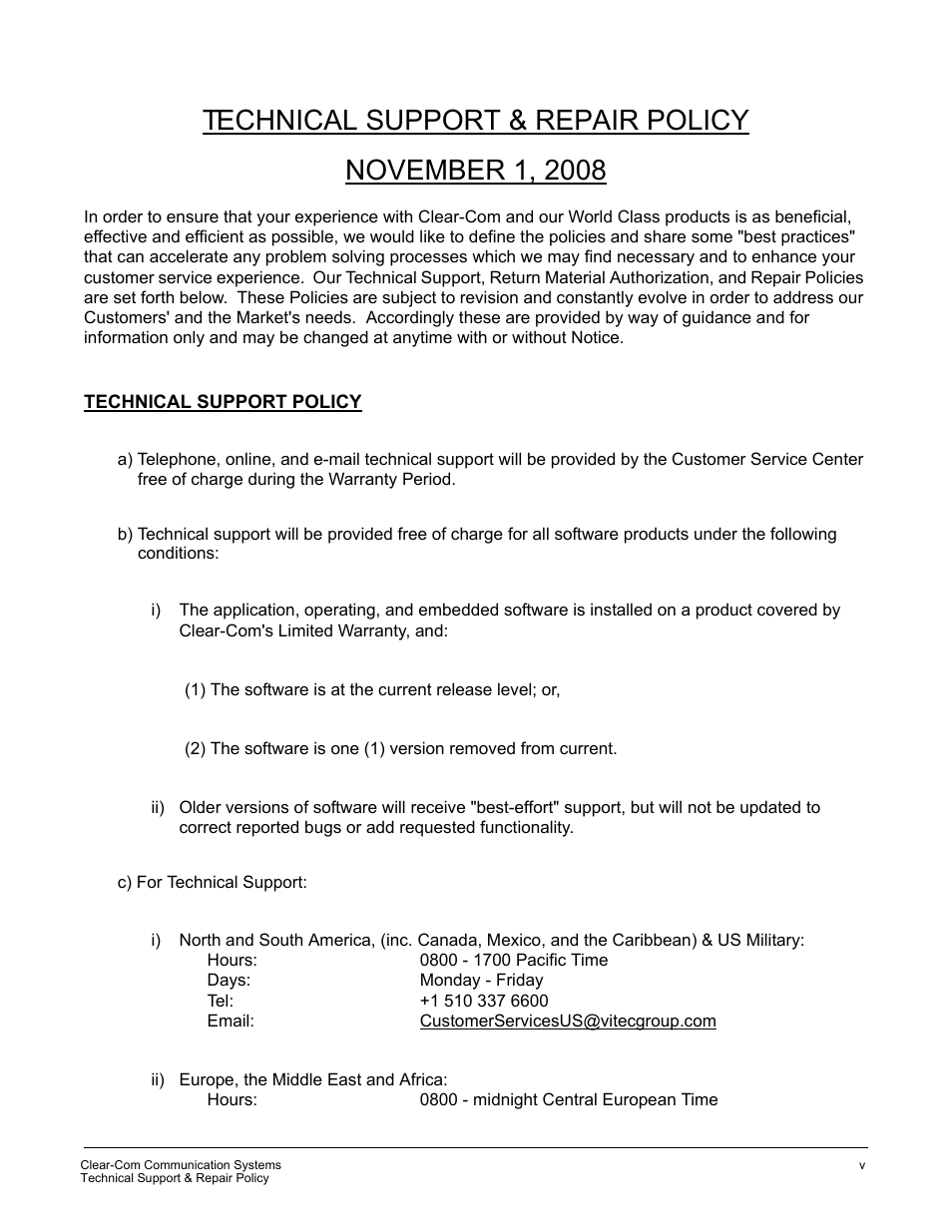 Technical support & repair policy, Technical support policy, Technical support & repair policy. . . . . w-v | Clear-Com CellCom Battery Pack Charger User Manual | Page 213 / 217