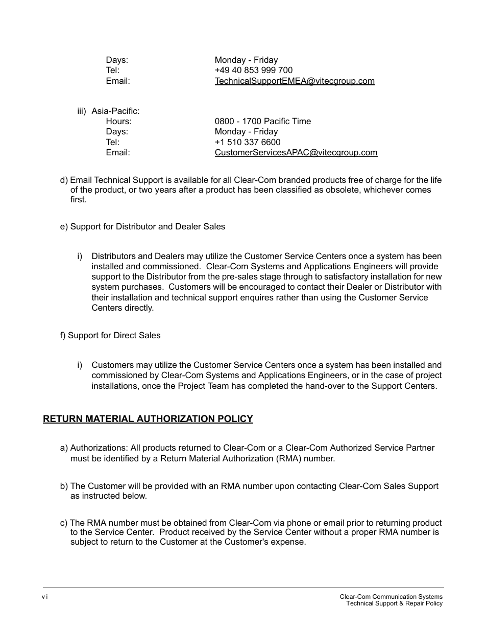 Return material authorization policy | Clear-Com CellCom Battery Pack Charger User Manual | Page 214 / 217