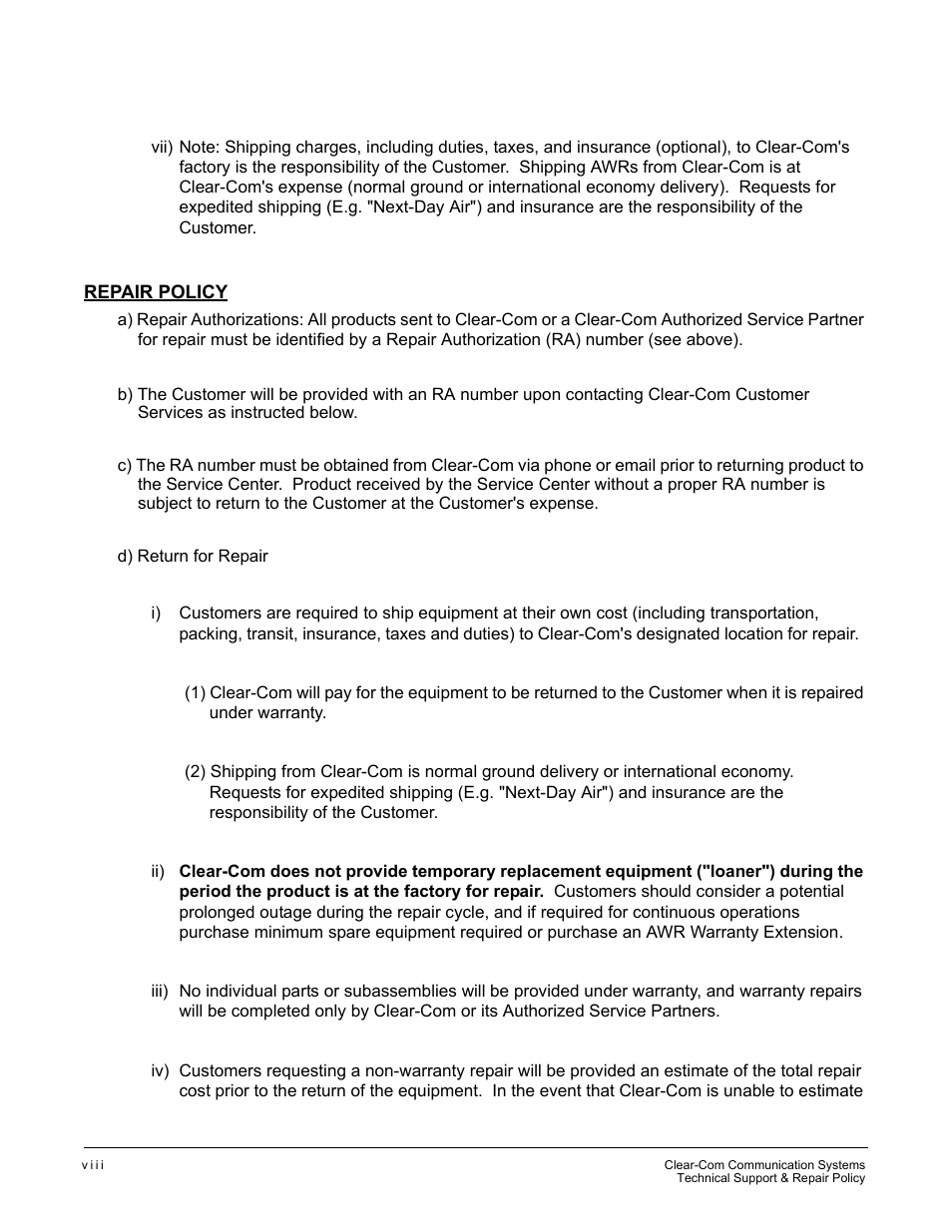 Repair policy | Clear-Com CellCom Battery Pack Charger User Manual | Page 216 / 217