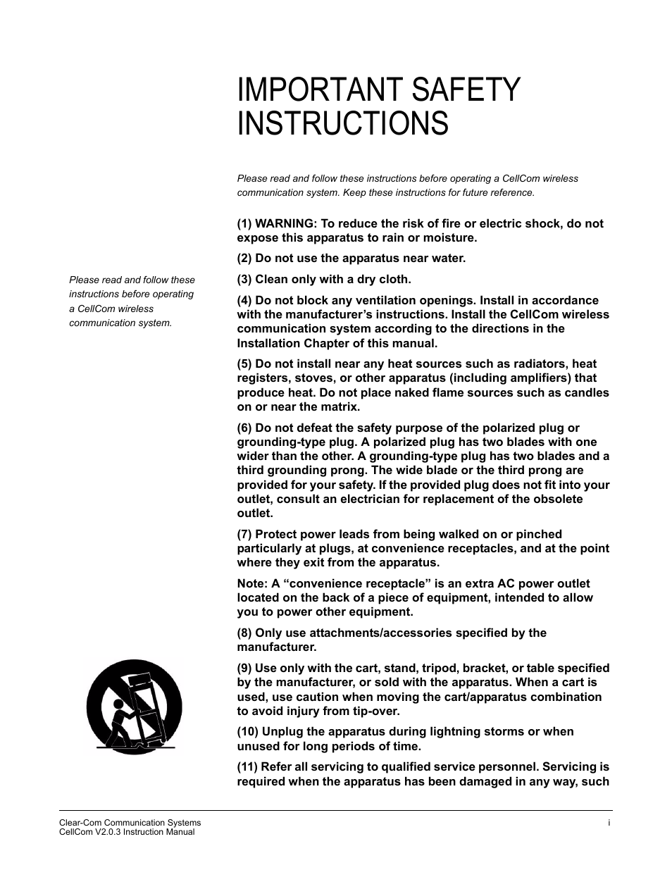 Important safety instructions | Clear-Com CellCom Battery Pack Charger User Manual | Page 23 / 217