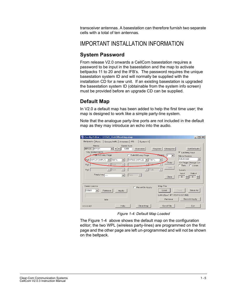 Important installation information, System password, Default map | Important installation information -5, System password -5 default map -5, Figure 1-4 default map loaded -5 | Clear-Com CellCom Battery Pack Charger User Manual | Page 31 / 217