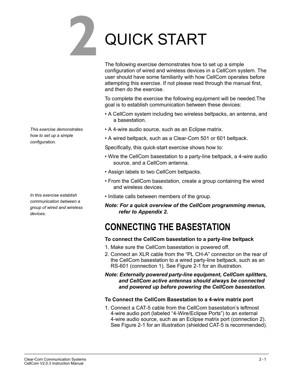 Quick start, Connecting the basestation, Quick start -1 | Connecting the basestation -1 | Clear-Com CellCom Battery Pack Charger User Manual | Page 33 / 217