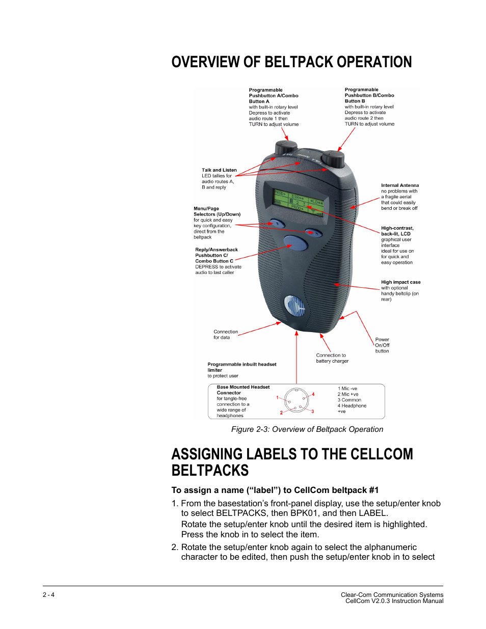 Overview of beltpack operation, Assigning labels to the cellcom beltpacks, Figure 2-3 overview of beltpack operation -4 | Clear-Com CellCom Battery Pack Charger User Manual | Page 36 / 217