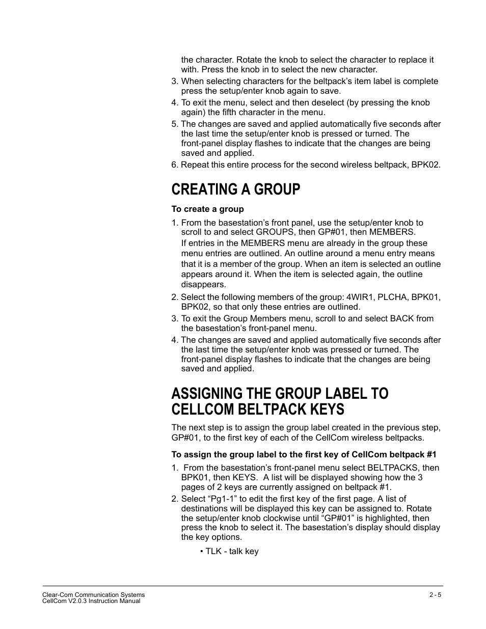 Creating a group, Assigning the group label to cellcom beltpack keys | Clear-Com CellCom Battery Pack Charger User Manual | Page 37 / 217