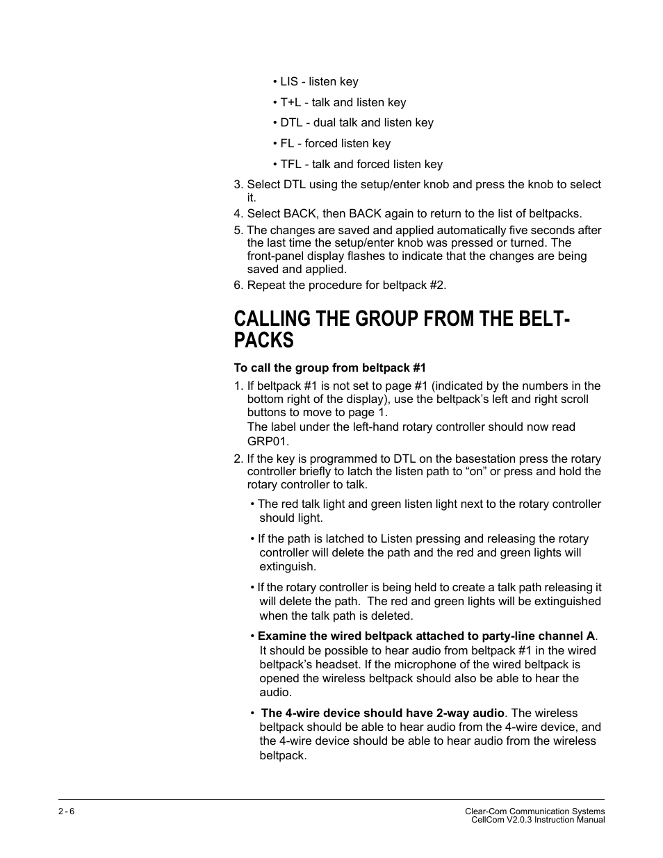 Calling the group from the beltpacks, Calling the group from the beltpacks -6, Calling the group from the belt- packs | Clear-Com CellCom Battery Pack Charger User Manual | Page 38 / 217