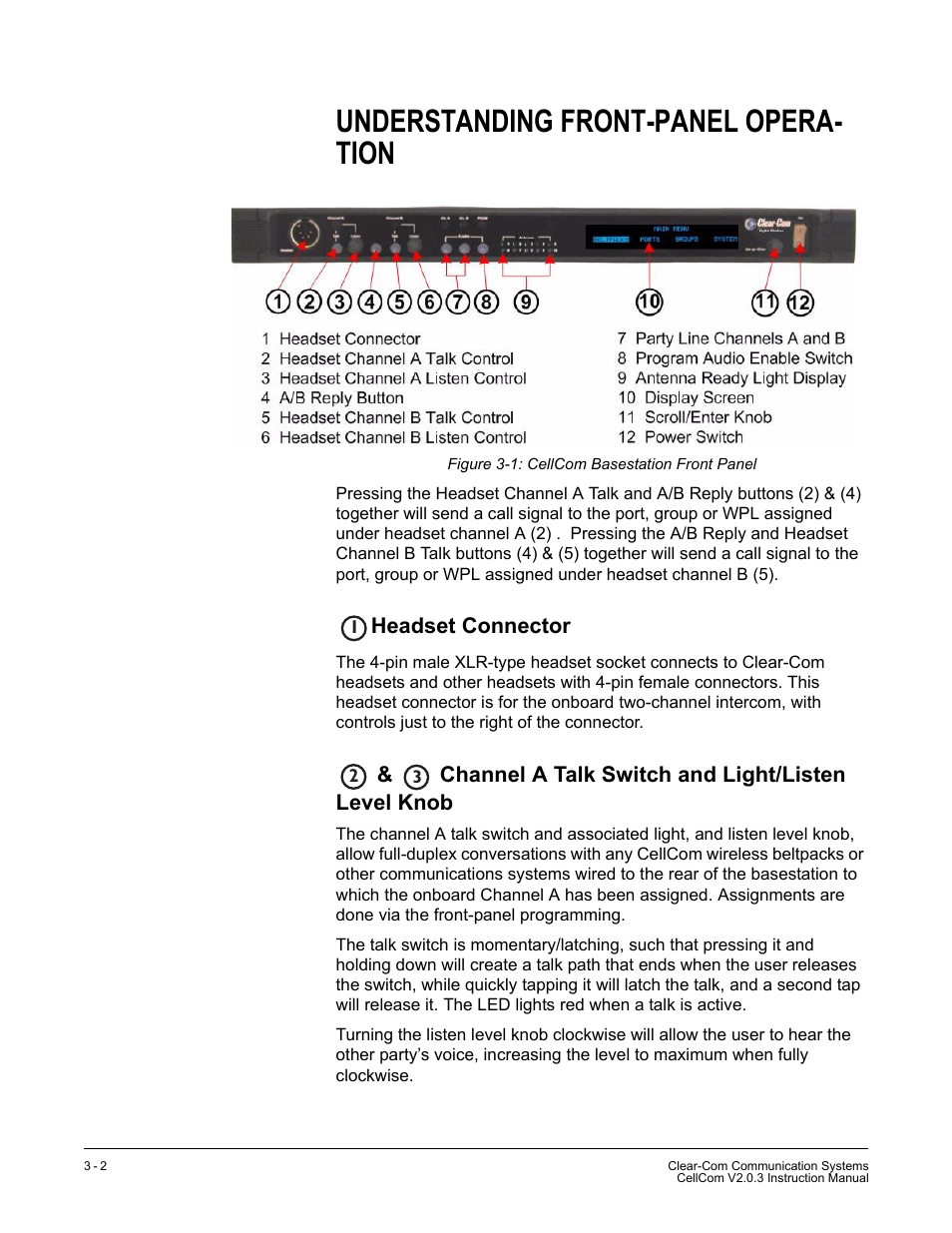 Understanding front-panel operation, Headset connector, Channel a talk switch and light/listen level knob | Understanding front-panel operation -2, Figure 3-1 cellcom basestation front panel -2, Understanding front-panel opera- tion | Clear-Com CellCom Battery Pack Charger User Manual | Page 46 / 217