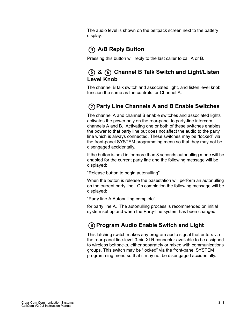 A/b reply button, Channel b talk switch and light/listen level knob, Party line channels a and b enable switches | Program audio enable switch and light | Clear-Com CellCom Battery Pack Charger User Manual | Page 47 / 217